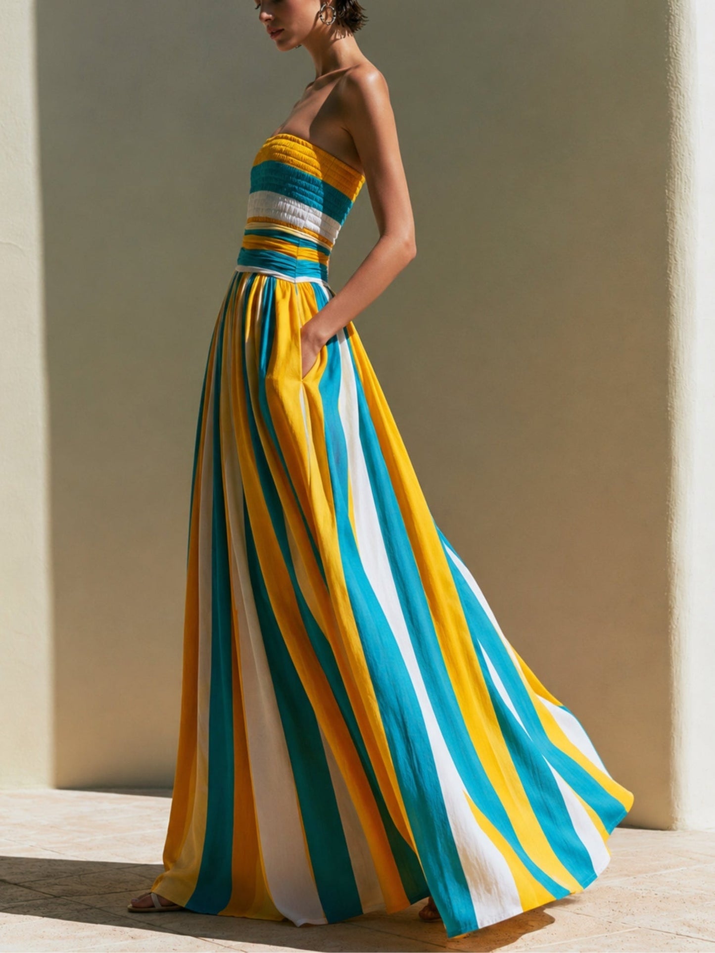Effortless Yellow Striped Maxi Dress for Women with Strapless Smocked Bodice Pleated Full Skirt Flowing Style