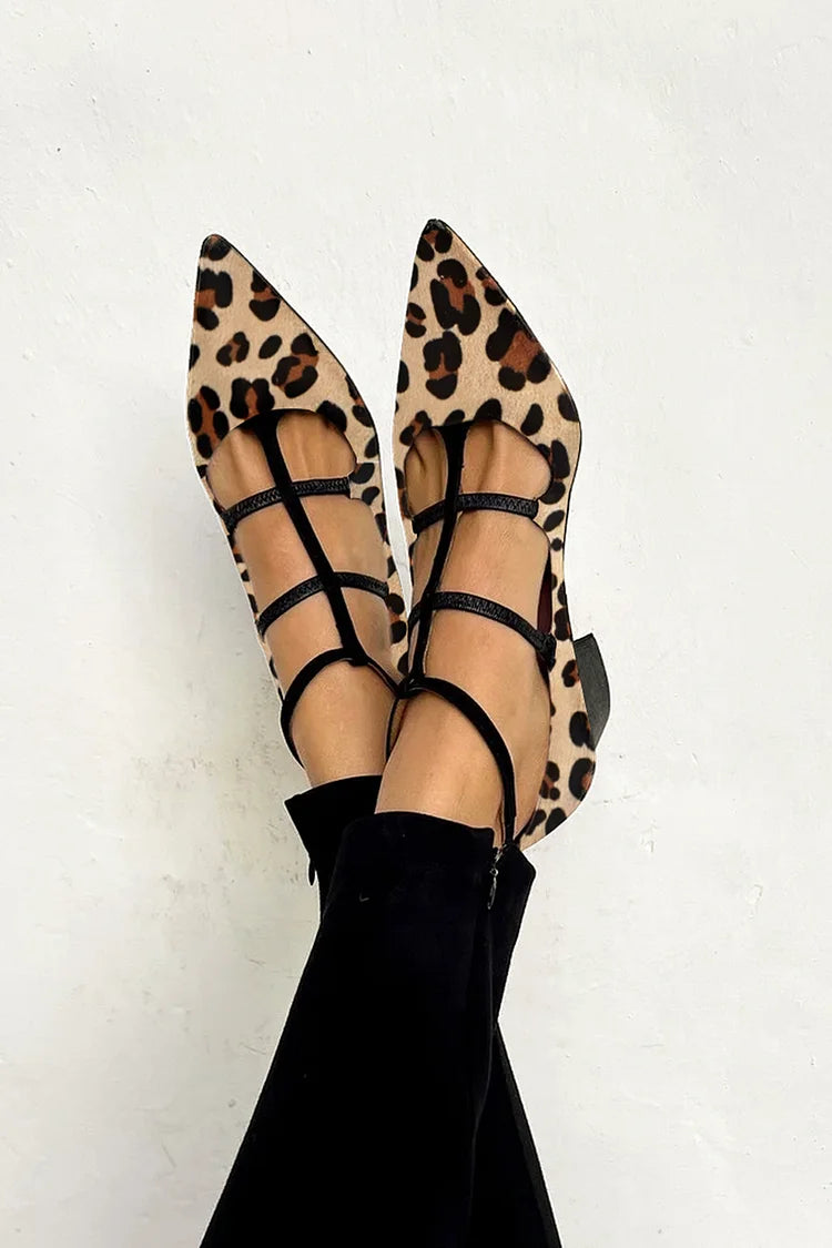 Elegant Khaki Leopard Print Flats for Women with Caged Strap Pointed Toe Ankle Style