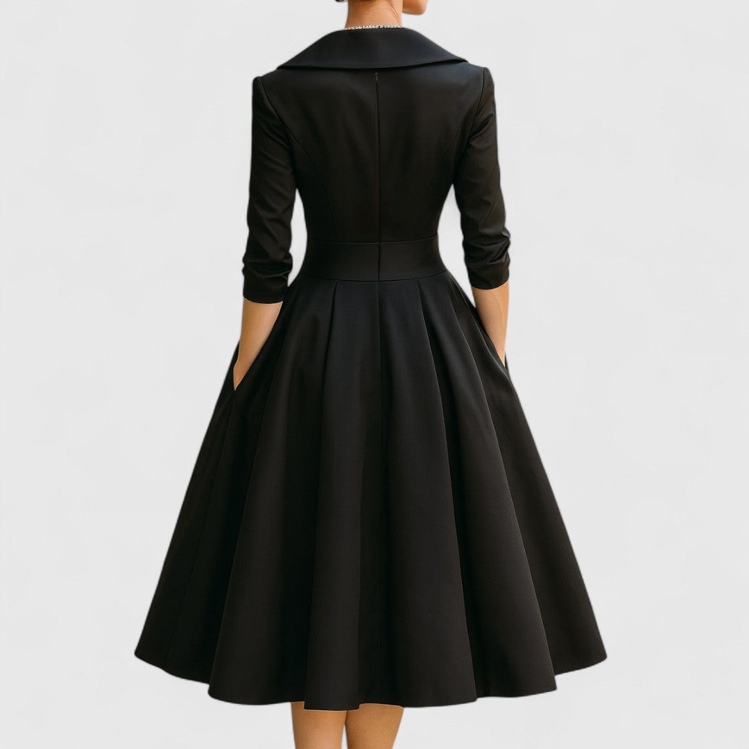 Elegant Satin Midi Dress for Women with Shawl Collar Wrap Front Elbow Sleeve Pleated Flowing Style