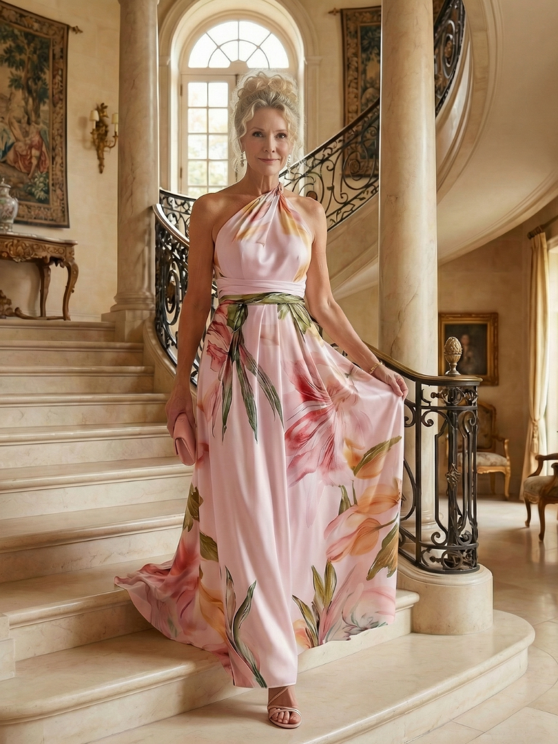 Elegant Floral Cocktail Dress for Women with One Shoulder Halter Sash Waist Flowing Maxi Style