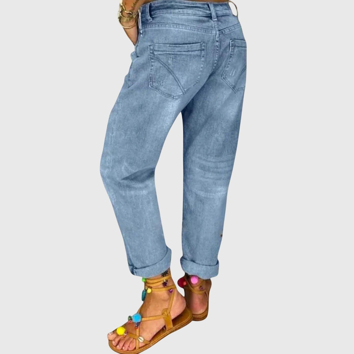 Effortless Blue Distressed Jeans for Women with High Waist Button Fly Cuffed Relaxed Style