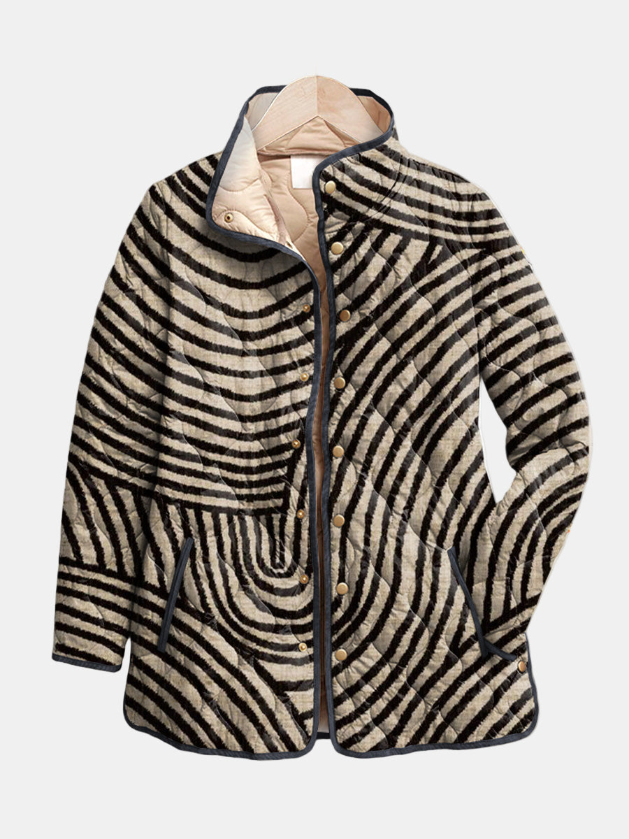 Effortless Multicolor Striped Quilted Jacket for Women with Stand Collar Long Sleeve Snap Button Casual Style
