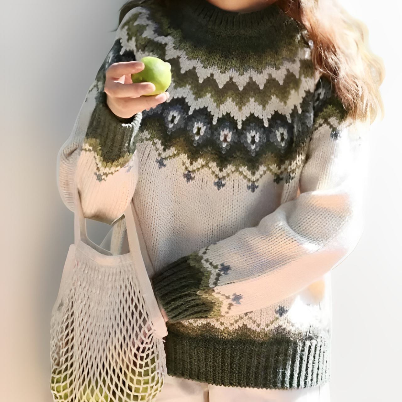 Comfortable Fair Isle Sweater for Women with Crew Neck Long Sleeve Oversized Knit Style