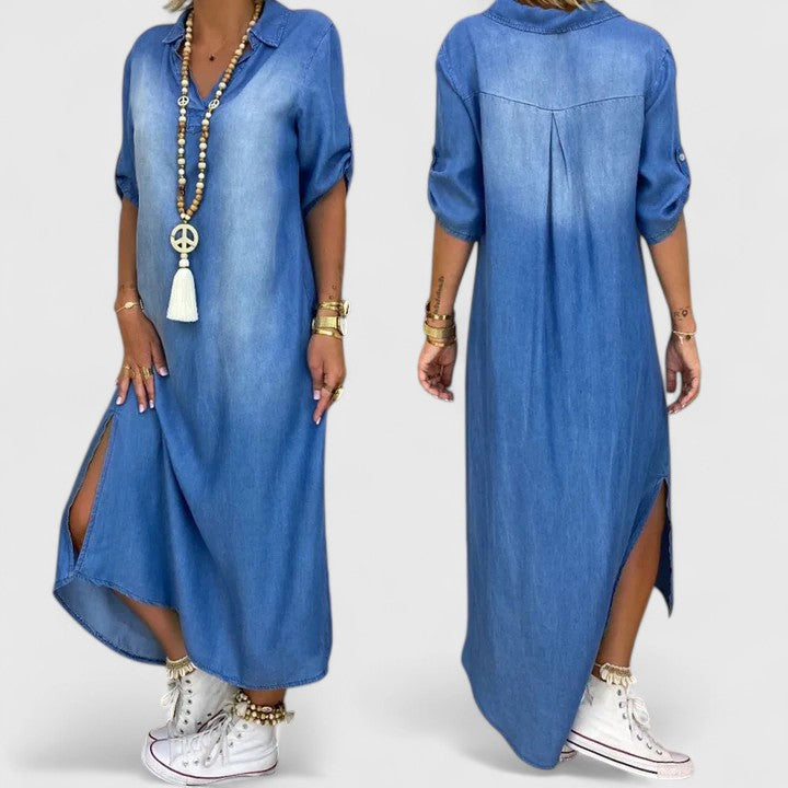 Effortless Blue Denim Maxi Dress for Women with Collar Elbow Sleeve High Low Hem Bohemian Style
