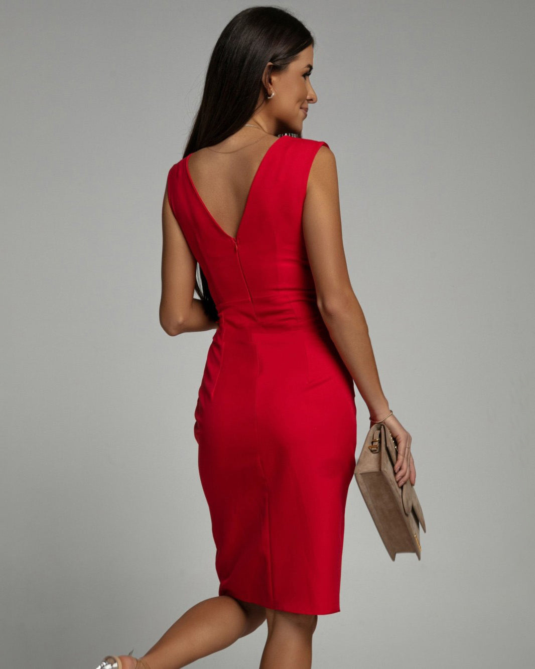 Elegant Red Midi Dress for Women with V Neck Sleeveless Ruched Side Slit Cocktail Style