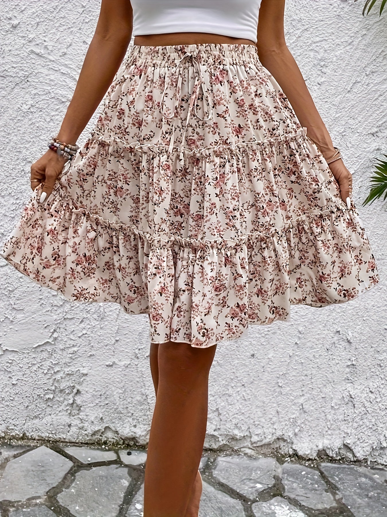 Effortless Pink Floral Tiered Mini Skirt for Women with Elastic Waist Drawstring Ruffle Boho Style