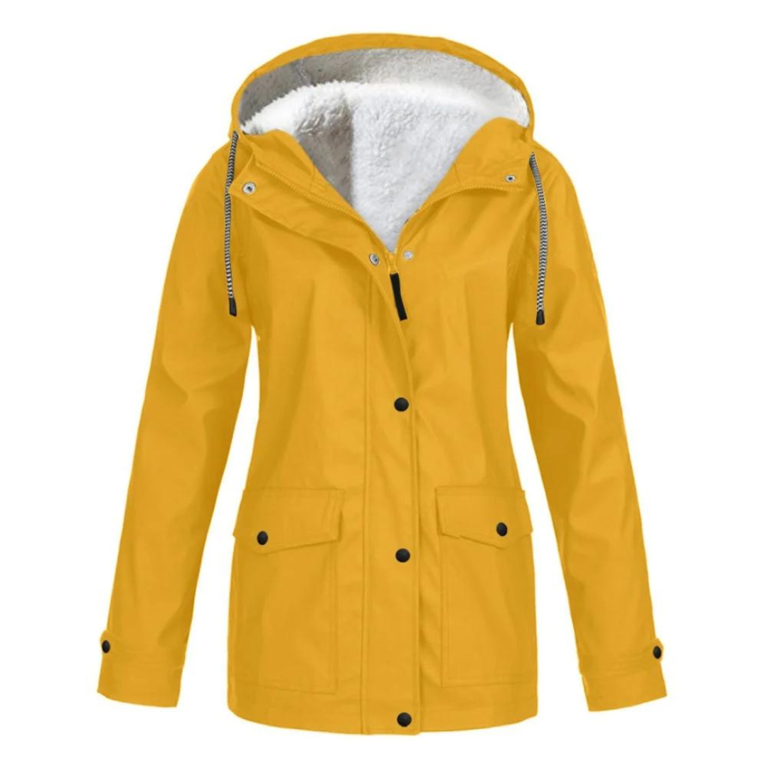 Cozy Yellow Rain Jacket for Women with Hooded Long Sleeve Fleece Lined Zip Front Style
