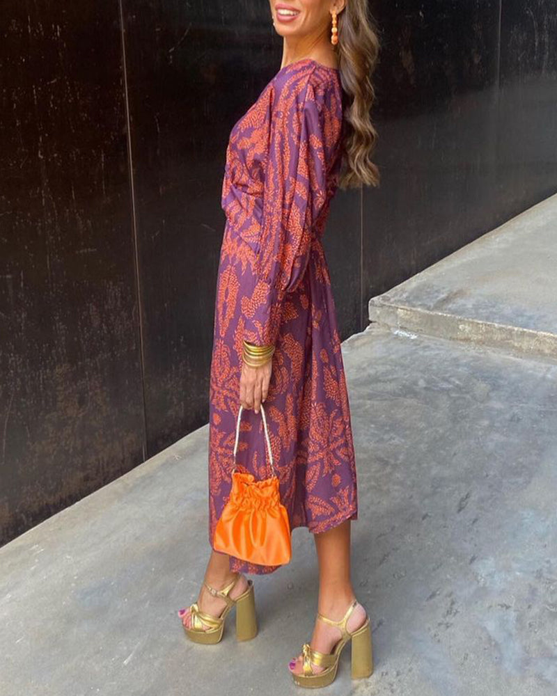 Effortless Paisley Print Midi Dress for Women with V Neck Long Sleeve Twist Front Bohemian Style