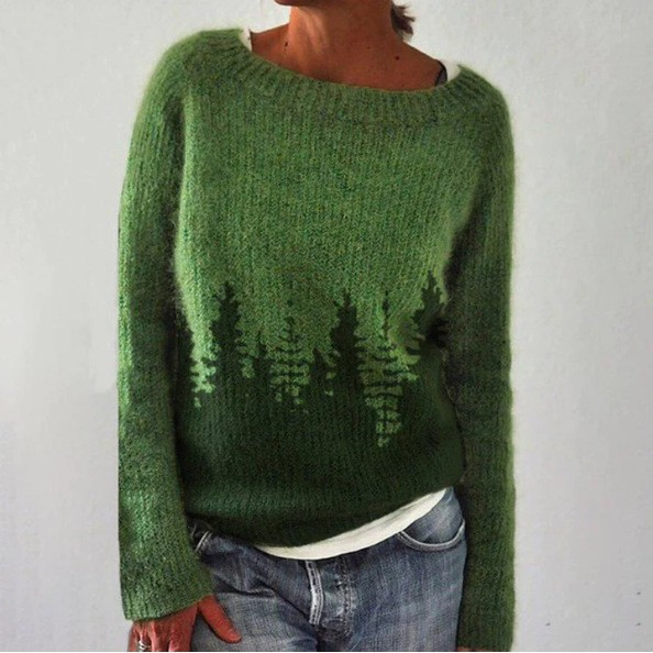 Comfortable Tree Print Sweater for Women with Boat Neck Long Sleeve Oversized Knit Style