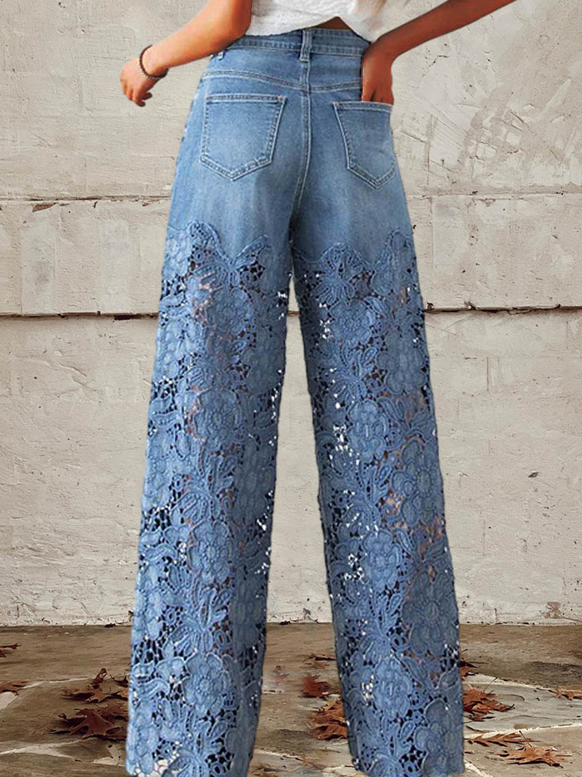 Elegant Blue Wide Leg Jeans for Women with High Waist Floral Crochet Lace Overlay Boho Style