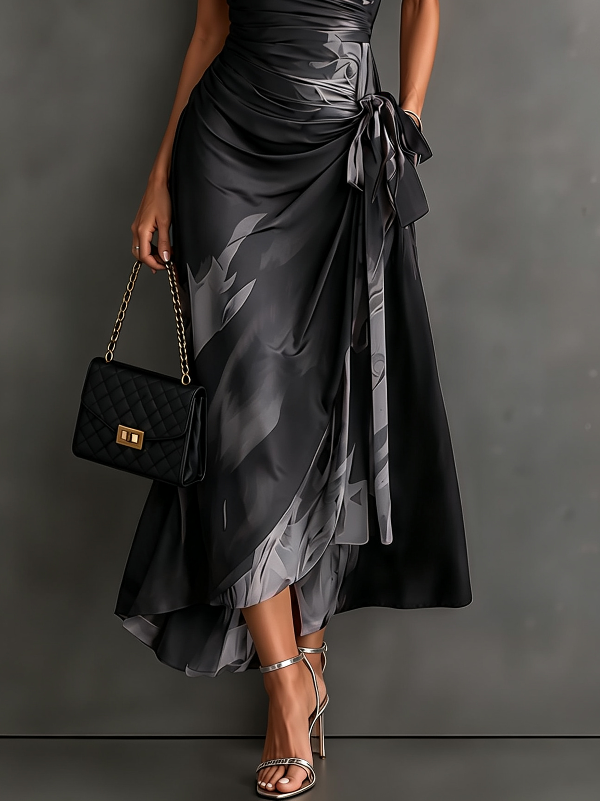 Stylish Abstract Print Wrap Midi Dress for Women with Collared V Neck Short Sleeve Satin Draped Style