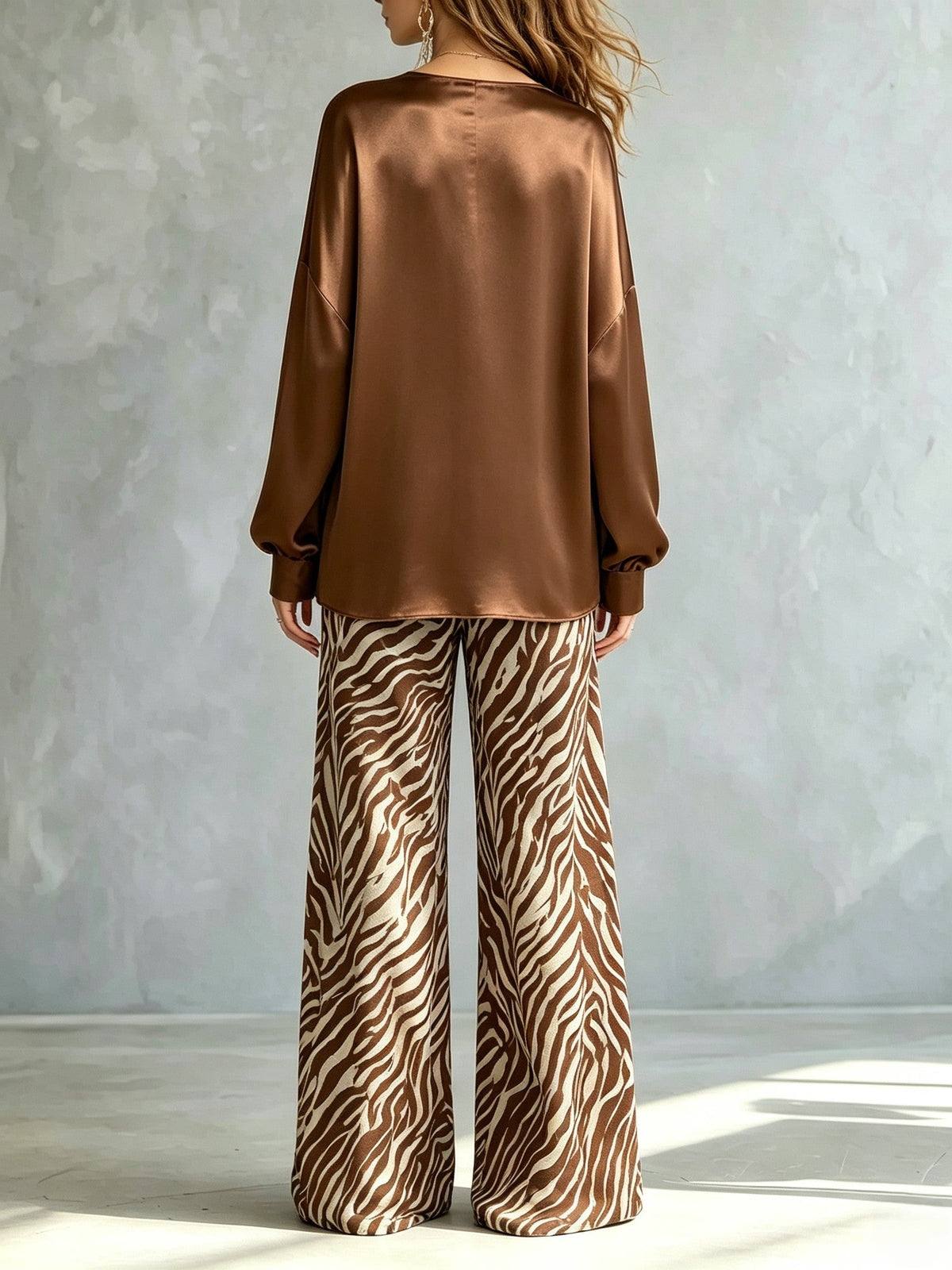 Chic Brown Satin Two Piece Set for Women with V Neck Top Zebra Print Relaxed Leg Pants Standout Style