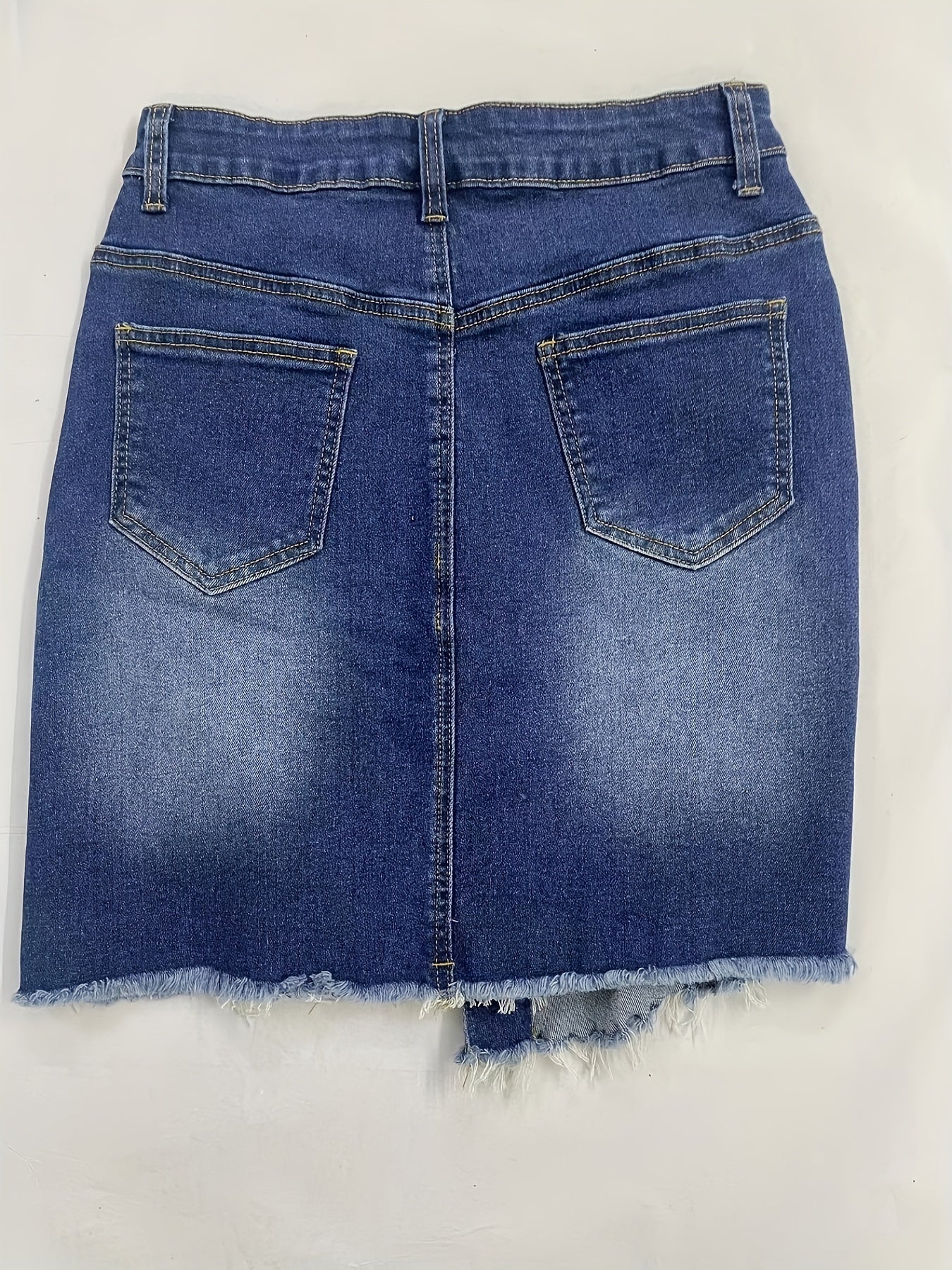 Elegant Blue Distressed Denim Mini Skirt for Women with Button Front Frayed Hem Asymmetrical Style