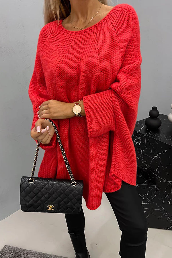 Comfortable Knit Sweater for Women with Crew Neck Batwing Sleeve Relaxed Oversized Style