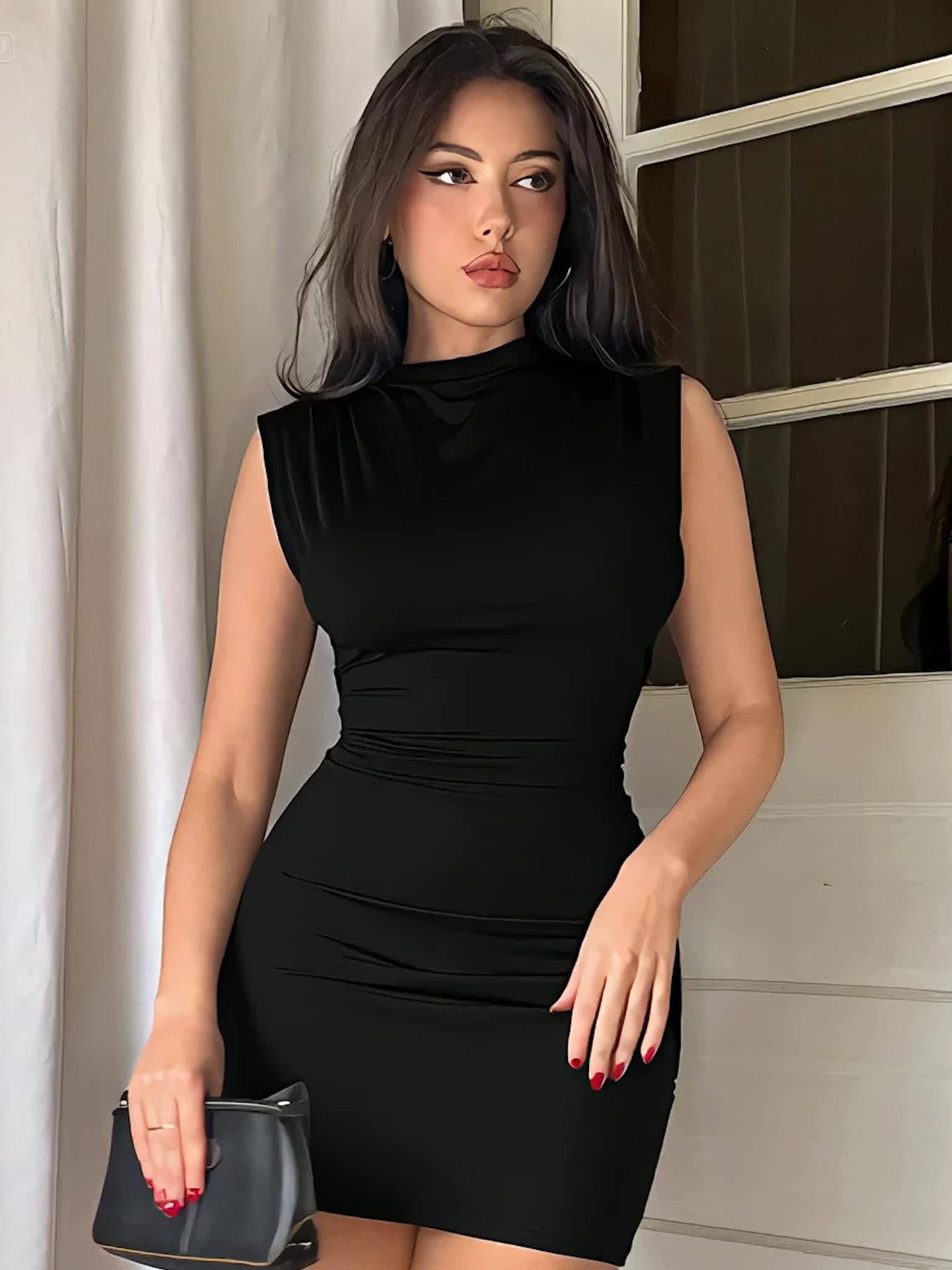 Elegant Black Mini Dress for Women with High Neck Sleeveless Ruched Bodycon Cocktail Style