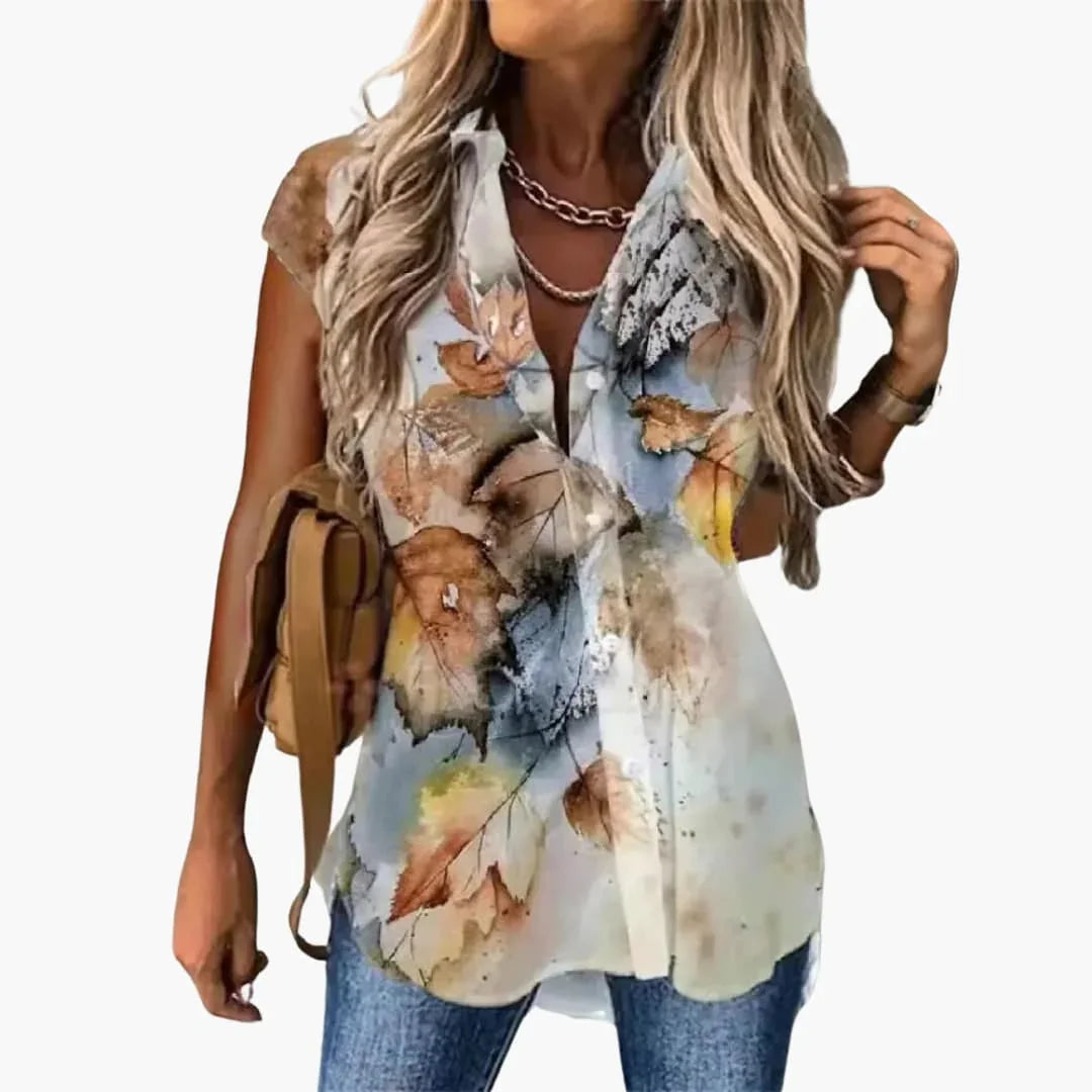 Elegant Butterfly Print Shirt for Women with Collar Short Sleeve Button Front Relaxed Style