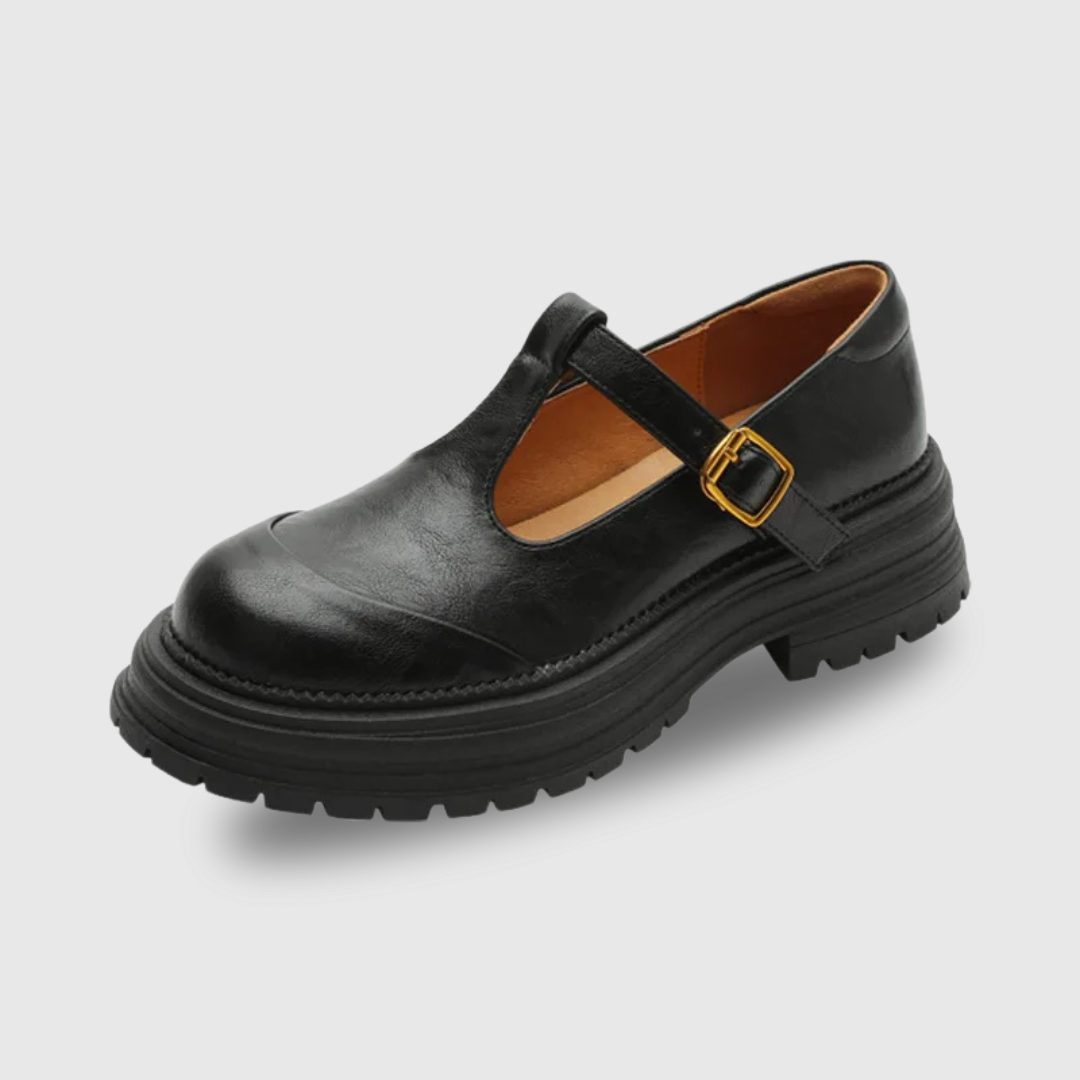 Elegant Leather Mary Jane Platform Shoe for Women with T Strap Buckle Chunky Sole Vintage Style