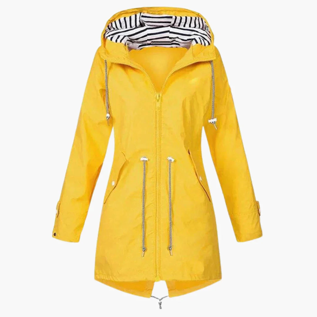 Effortless Yellow Rain Jacket for Women with Hooded Long Sleeve Drawstring Waist Windproof Style