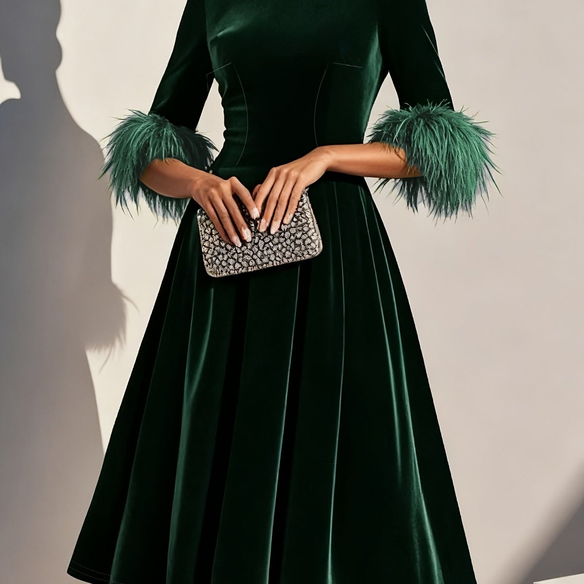 Effortless Velvet Semi Formal Dress for Women with Round Neck Feather Trim Sleeve Flared Midi Occasion Style