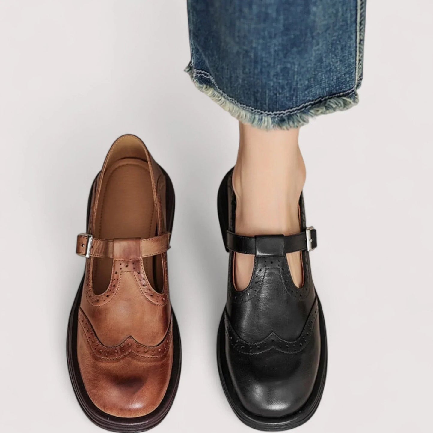 Comfortable Leather Mary Jane Shoes for Women with T Strap Buckle Wingtip Brogue Block Heel Style