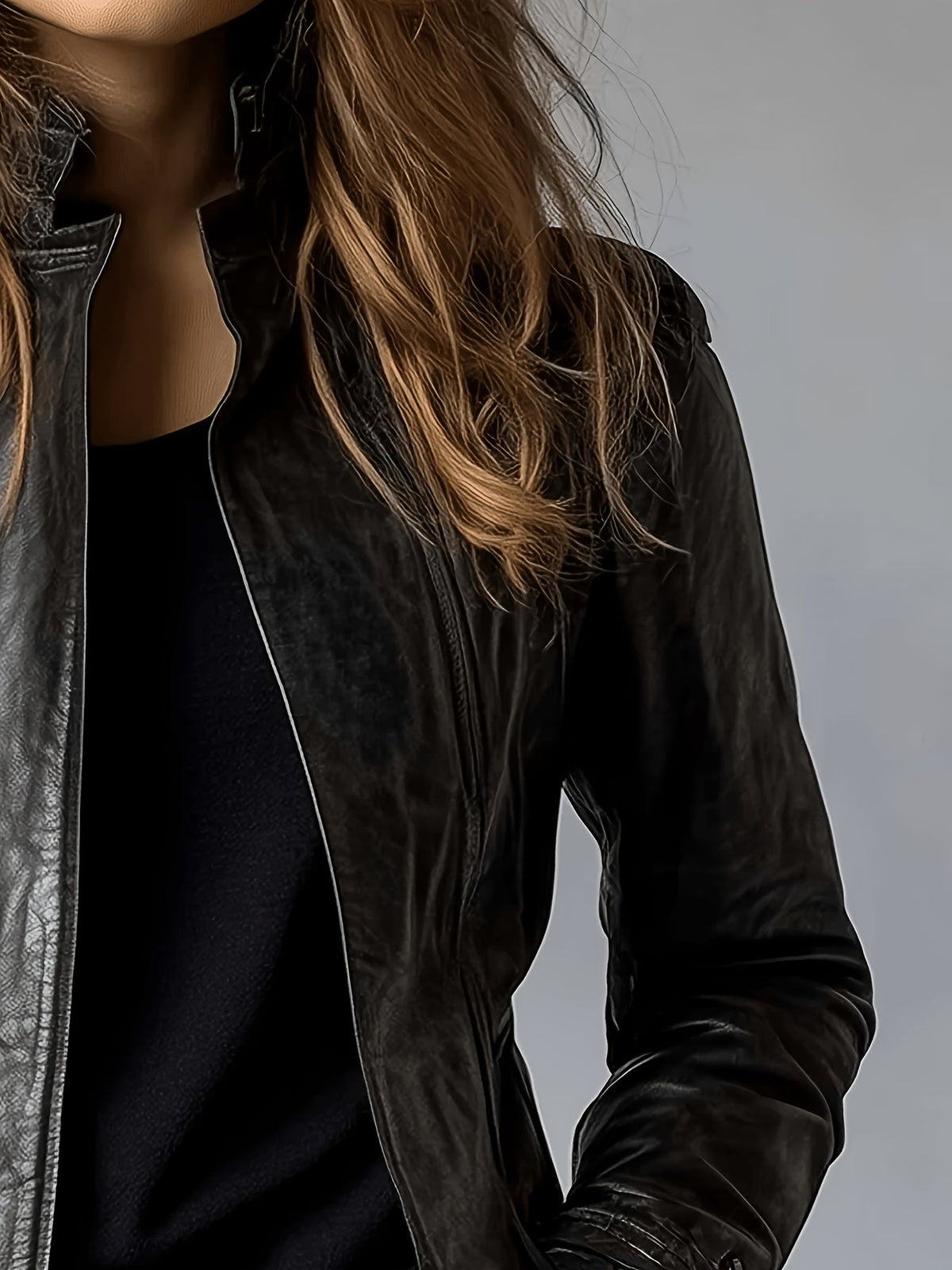 Stylish Black Faux Leather Jacket for Women with Stand Collar Zip Front Fitted Daily Style