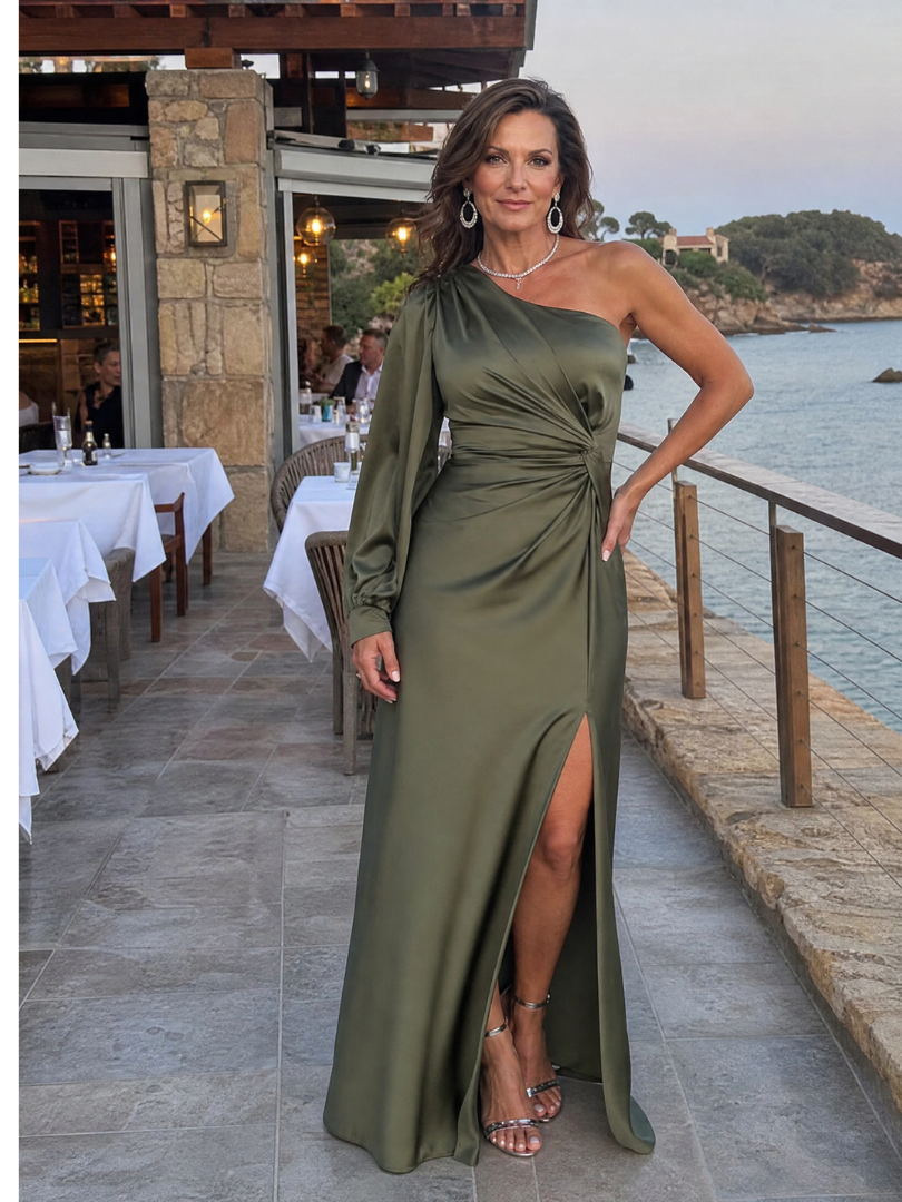 Elegant Satin Maxi Dress for Women with One Shoulder Long Sleeve Ruched Slit Formal Wedding Guest Style