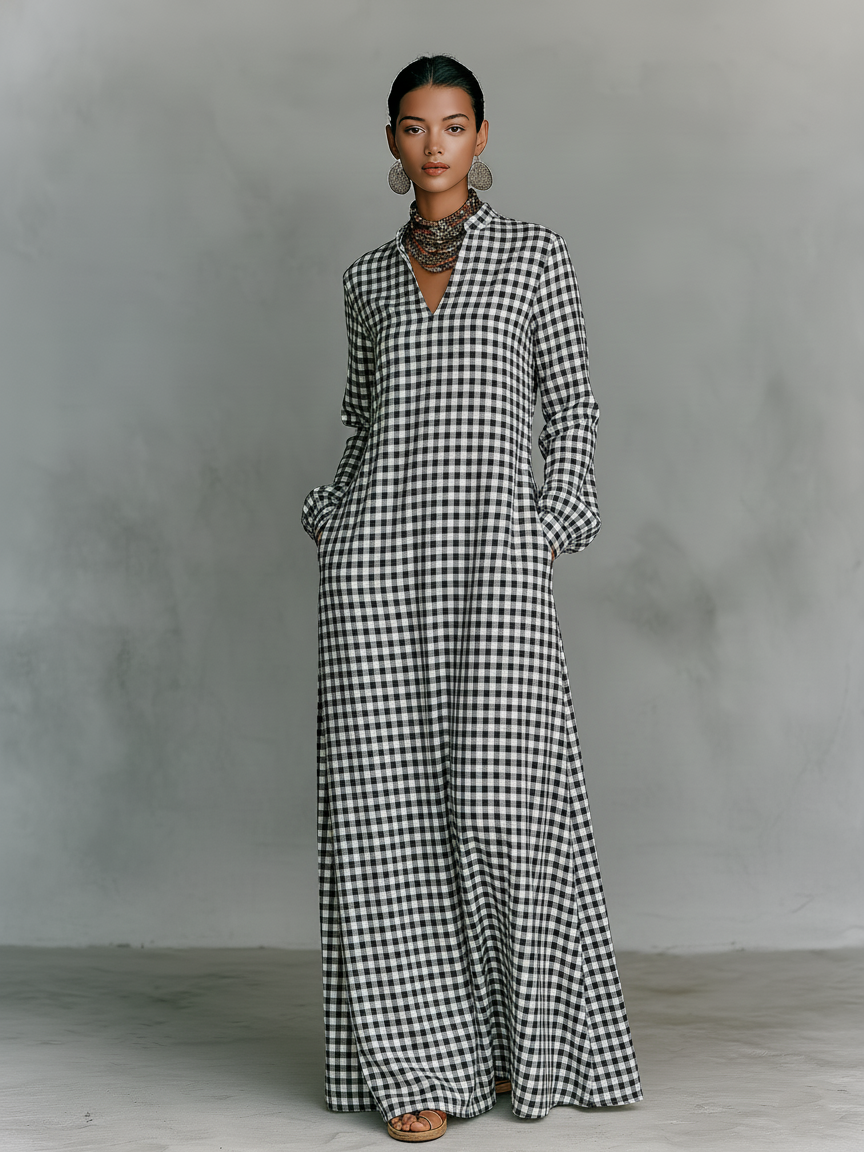 Effortless White Gingham Maxi Dress for Women with V Neck Long Sleeve Relaxed Flowing Style