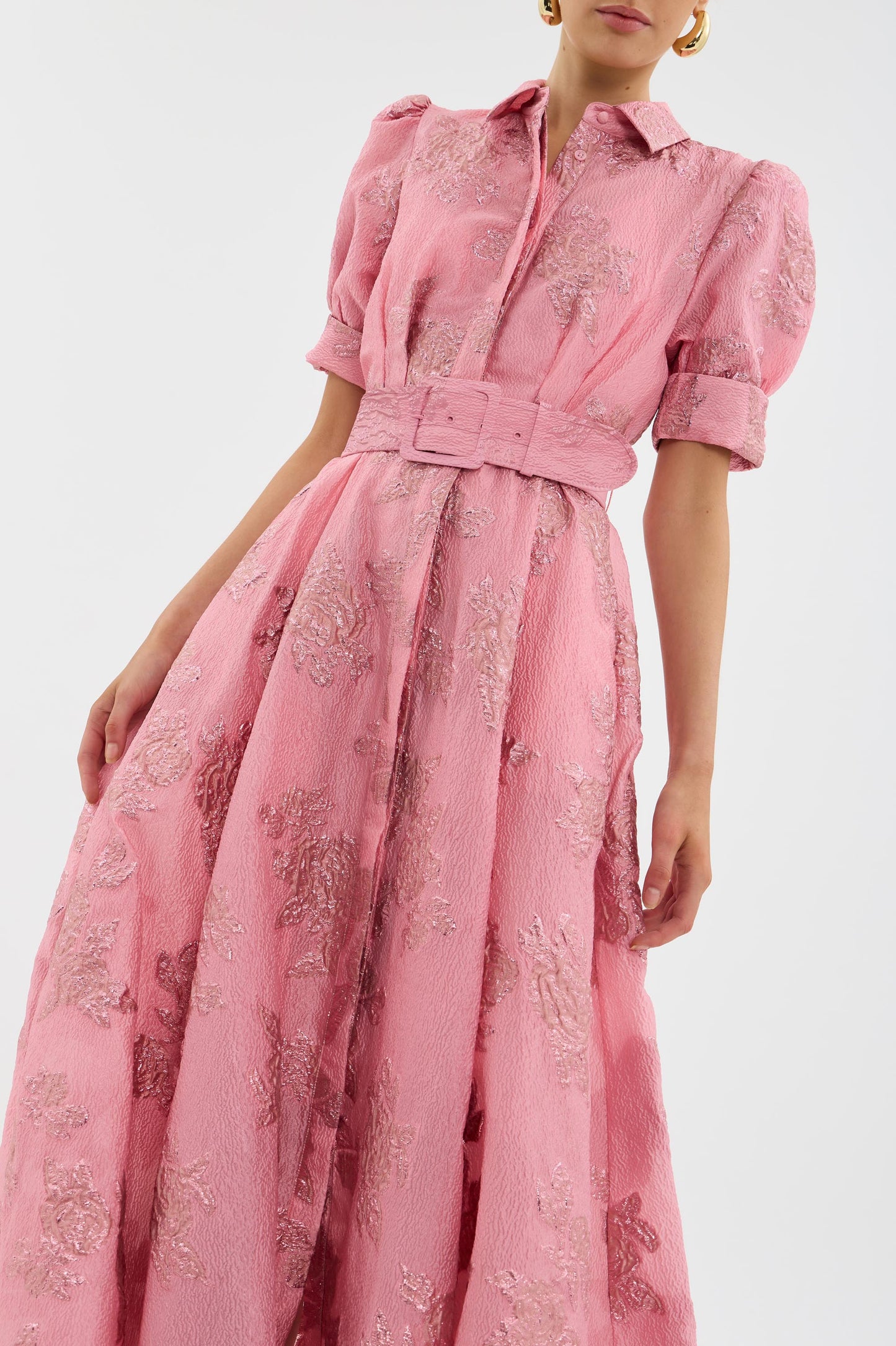 Elegant Pink Floral Jacquard Maxi Shirt Dress for Women with Collar Puff Sleeve Belted A Line Formal Style