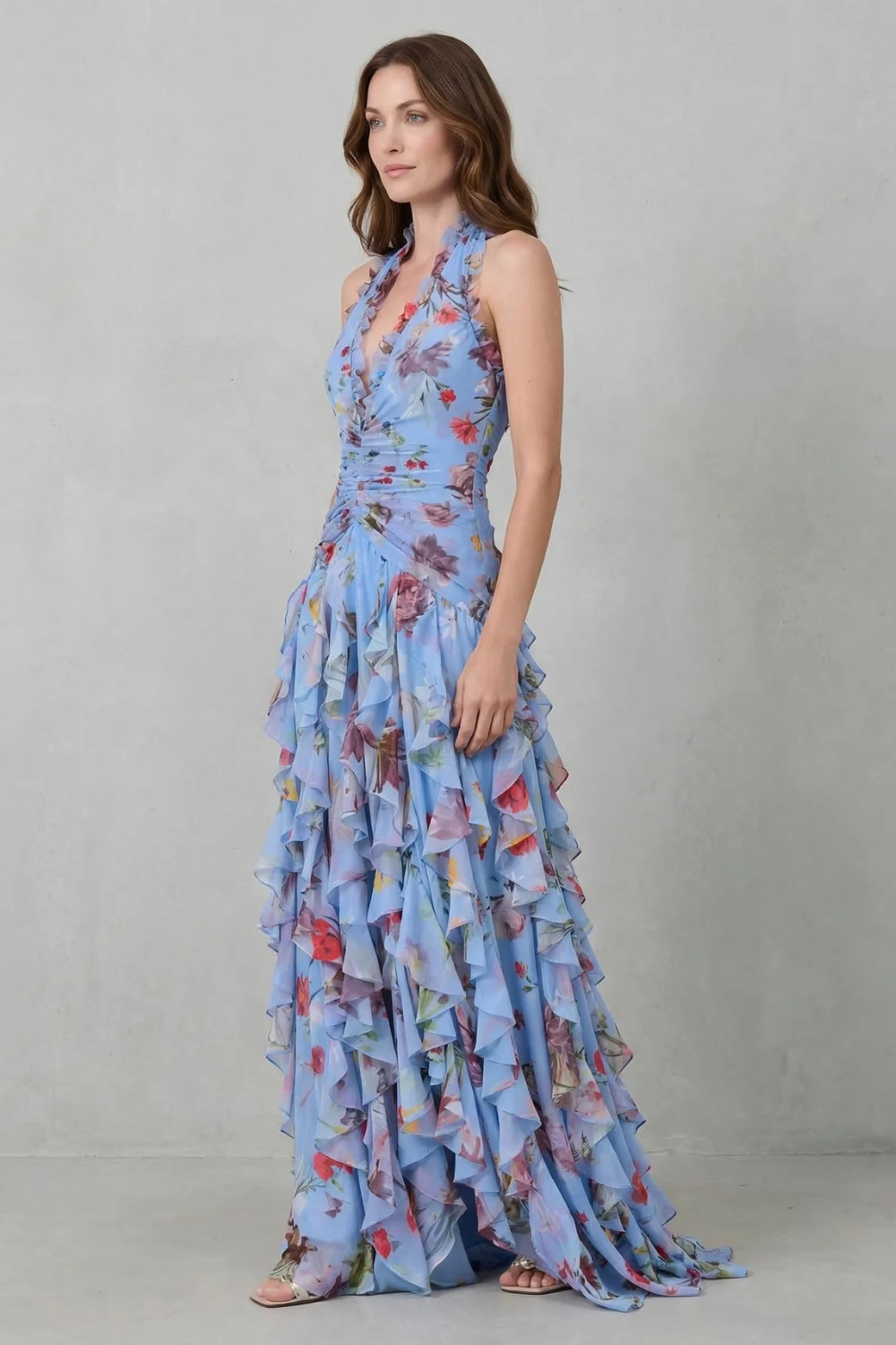 Elegant Floral Cocktail Dress for Women with Halter V Neck Ruffle Tiered Maxi Formal Style