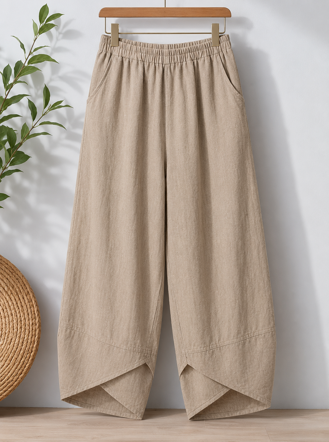 Effortless Khaki Linen Wide Leg Pants for Women with High Waist Elastic Tulip Hem Flowing Casual Style