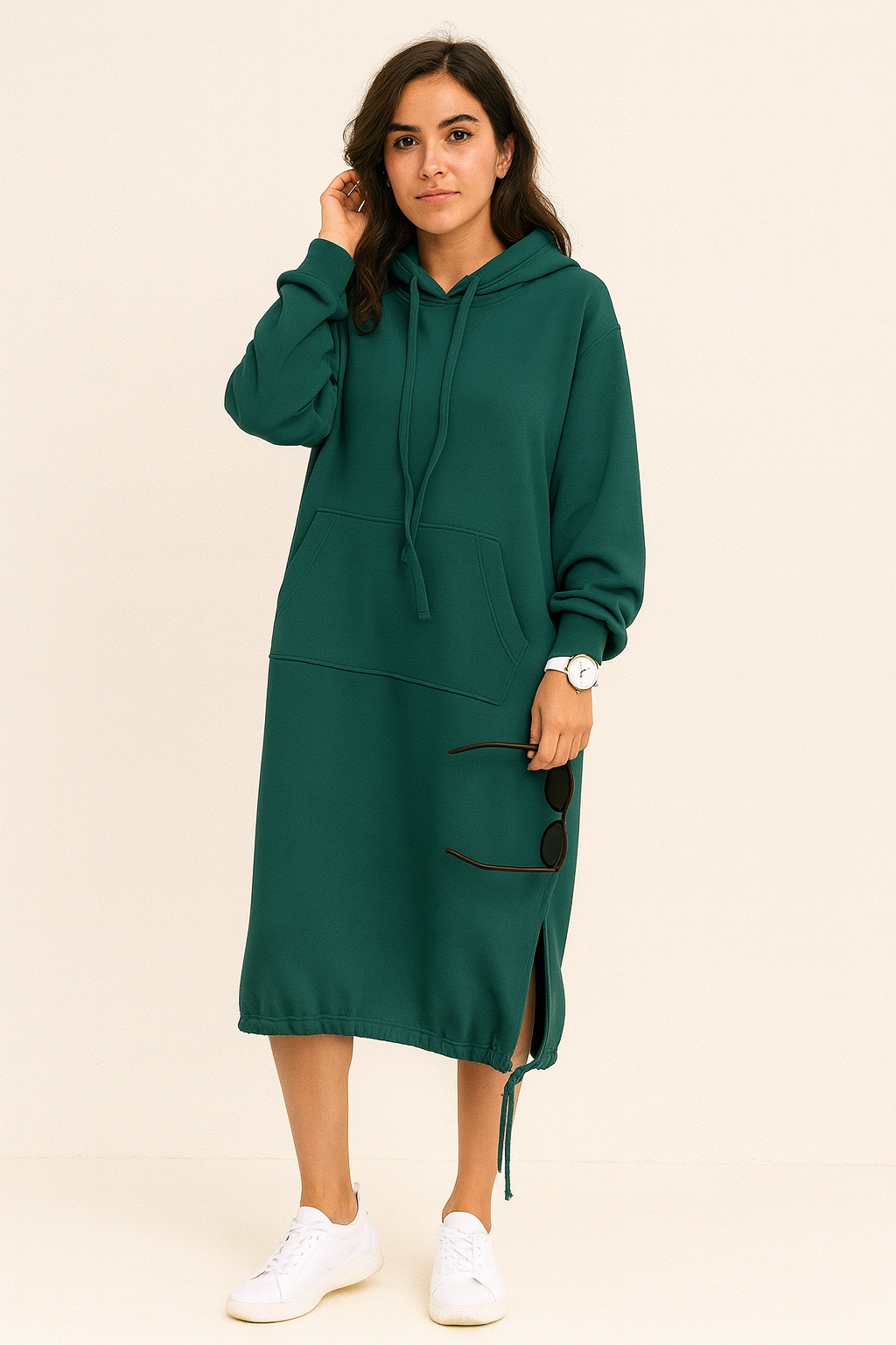 Comfortable Fleece Hoodie Dress for Women with Drawstring Hood Long Sleeve Kangaroo Pocket Relaxed Style