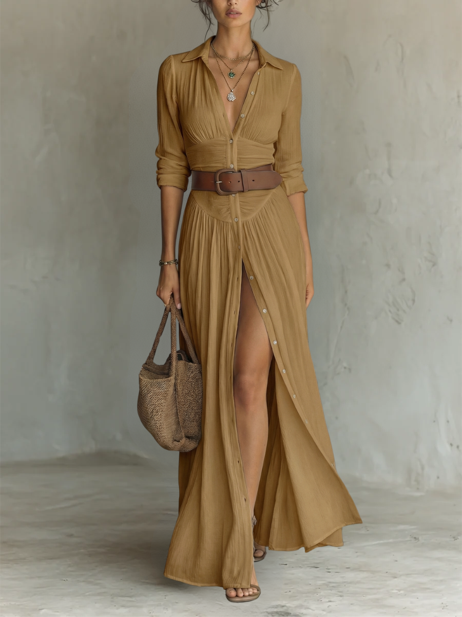 Effortless Crinkled Maxi Shirt Dress for Women with Collar Long Sleeve Button Front High Slit Bohemian Style