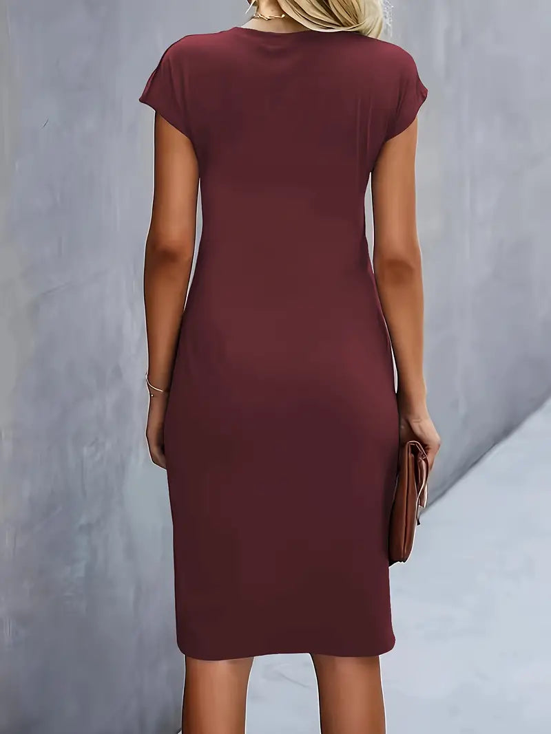 Elegant Sheath Midi Dress for Women with Round Neck Cap Sleeve Ruched Knot Bodycon Style