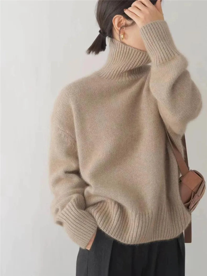 Comfortable Ribbed Knit Sweater for Women with High Neck Long Sleeve Relaxed Oversized Style