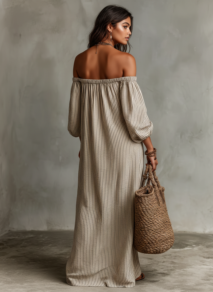 Effortless Beige Striped Linen Maxi Dress for Women with Off Shoulder Balloon Sleeve Flowing Bohemian Style