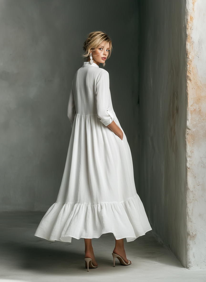 Elegant White Linen Maxi Dress for Women with V Neck Long Sleeve Tiered Ruffle Flowing Bohemian Style