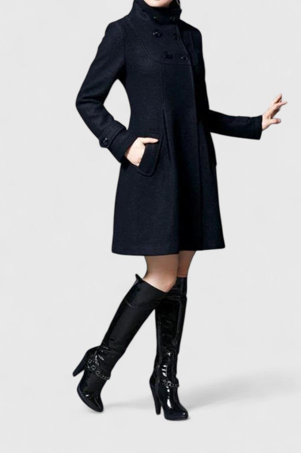 Effortless Long Wool Coat for Women with Hooded Double Breasted Button Placket Flared Swing Cold Weather Style