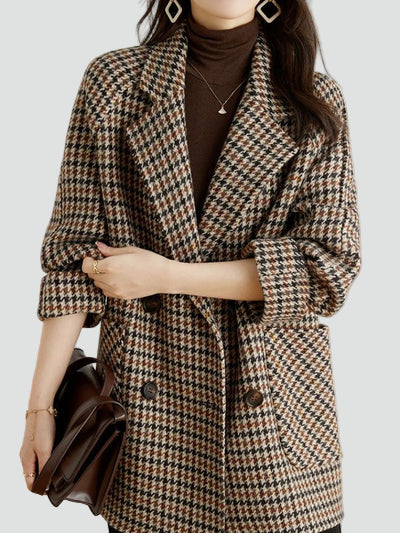 Women's Houndstooth Notch Lapel Wool Coat