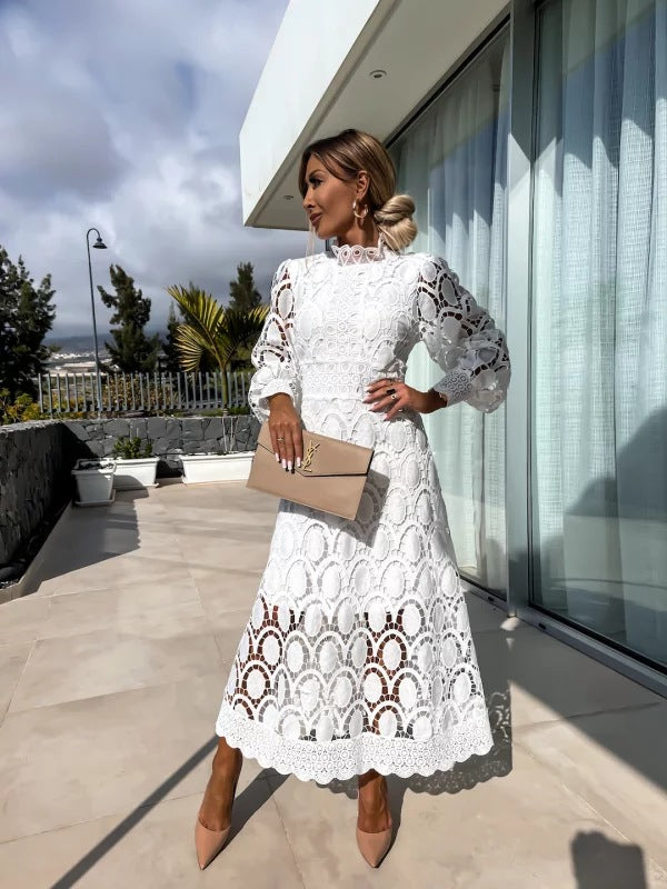 Elegant Crochet Lace Midi Dress for Women with High Neck Bishop Sleeve Scalloped Hem Wedding Guest Style