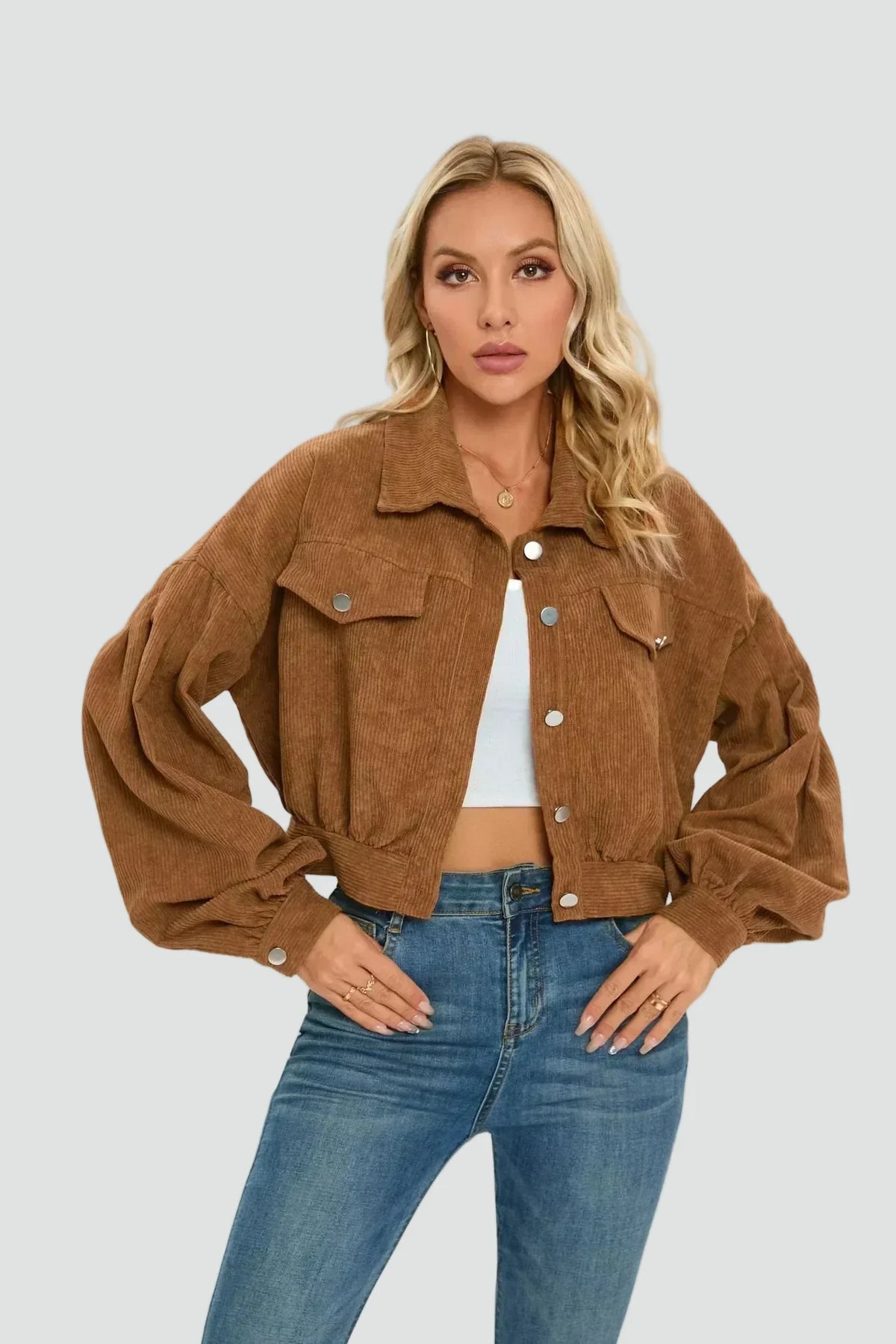 Women's Oversized Cropped Pockets Corduroy Jacket