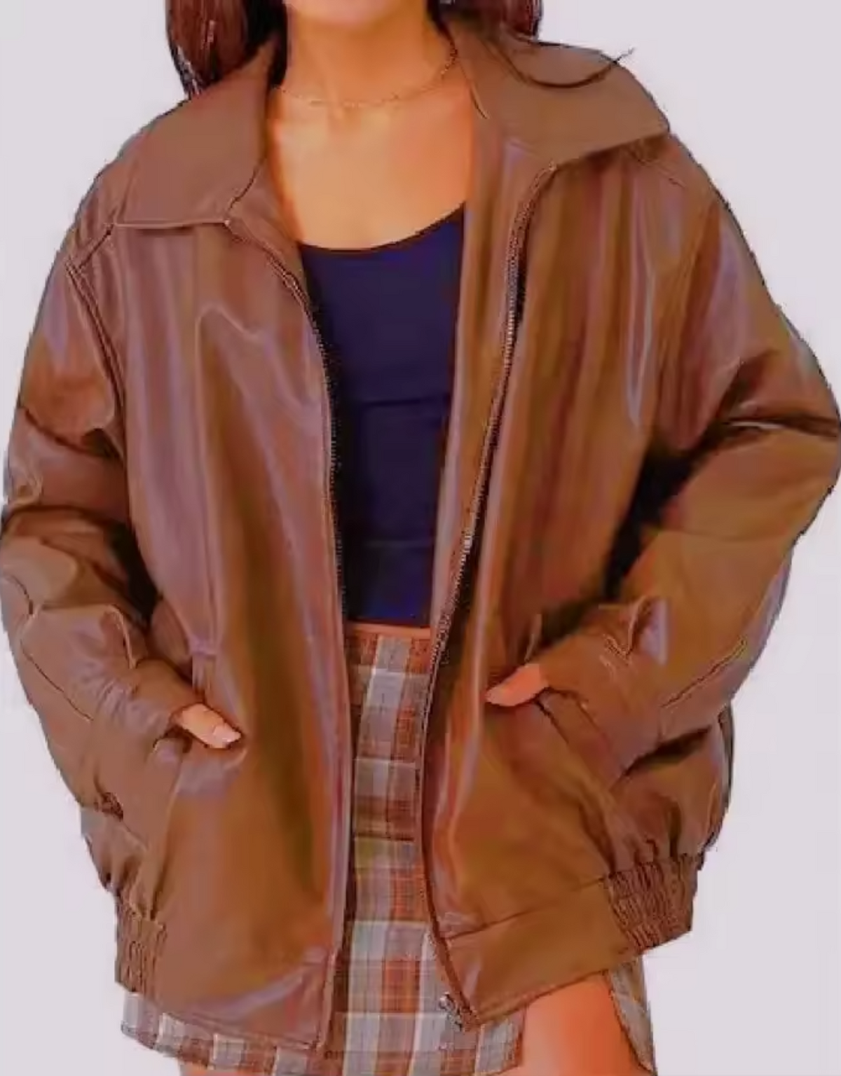 Elegant Brown Oversized Faux Leather Jacket for Women with Spread Collar Zip Front Relaxed Daily Style