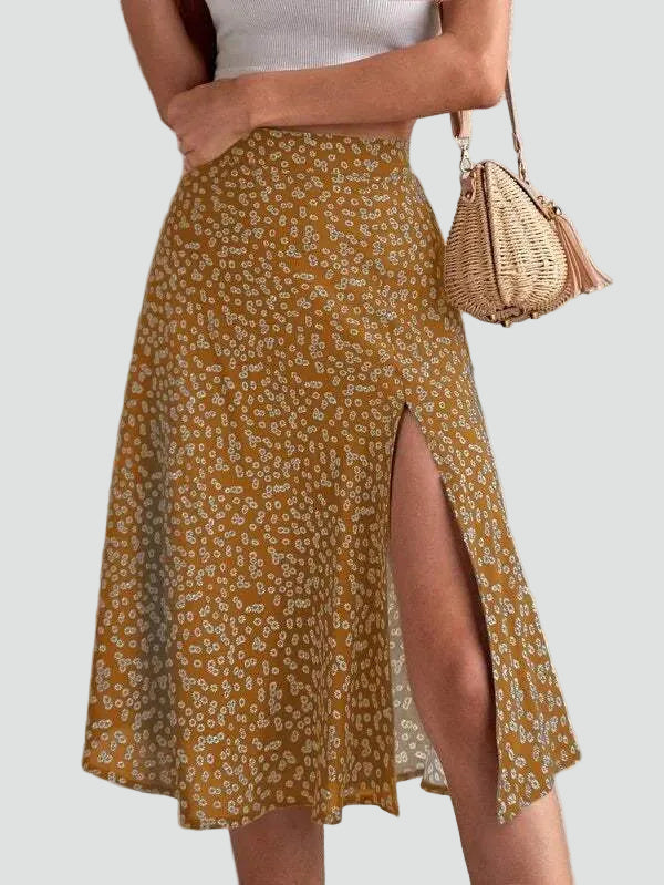 Effortless Floral Midi Skirt for Women with High Waist Side Slit Flowing Bohemian Style