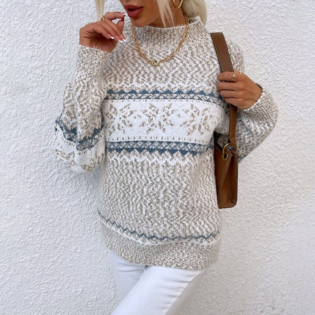Comfortable Snowflake Print Sweater for Women with High Neck Long Sleeve Relaxed Oversized Knit Style