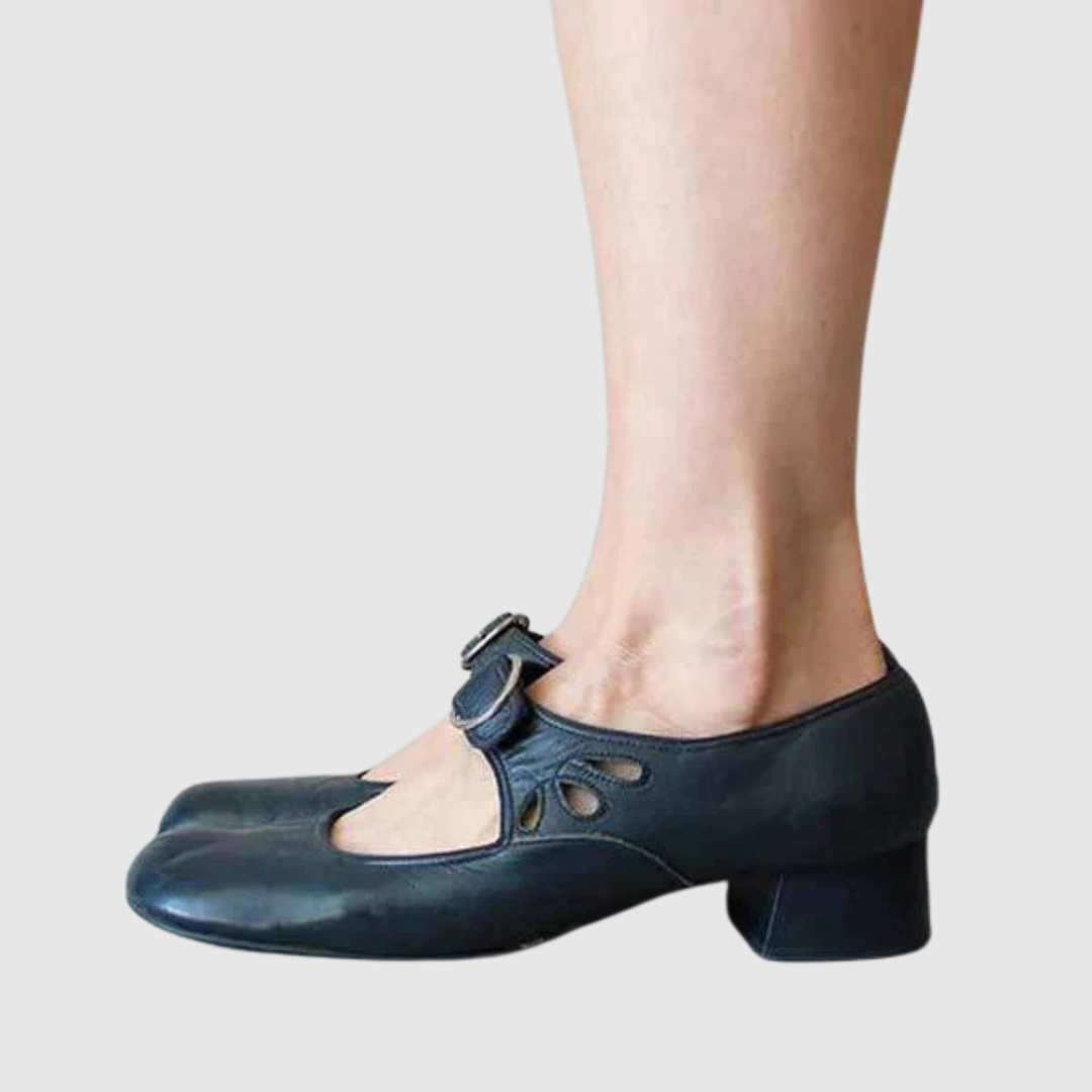 Elegant Leather Mary Jane Flats for Women with Buckle Strap Cutout Detail Block Heel Style