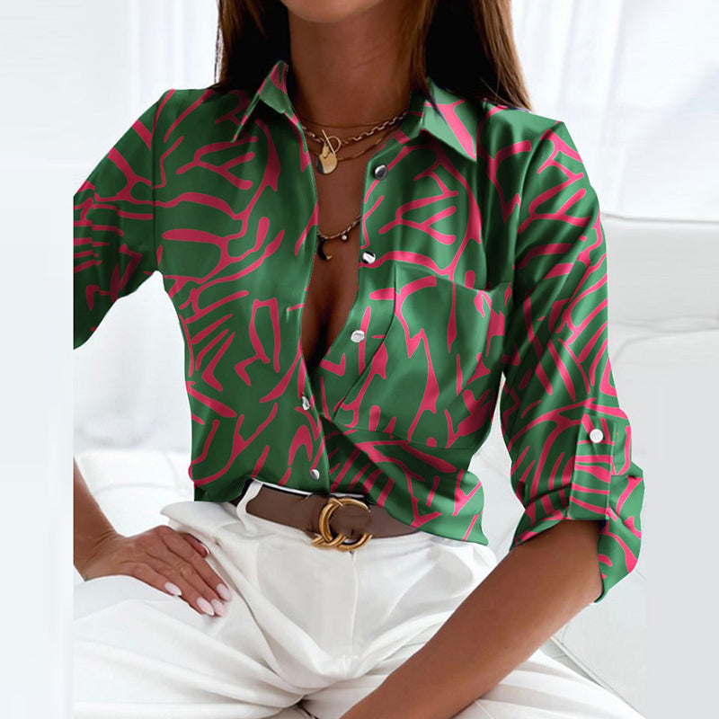 Effortless Abstract Print Blouse for Women with Collar Long Sleeve Button Front Relaxed Style