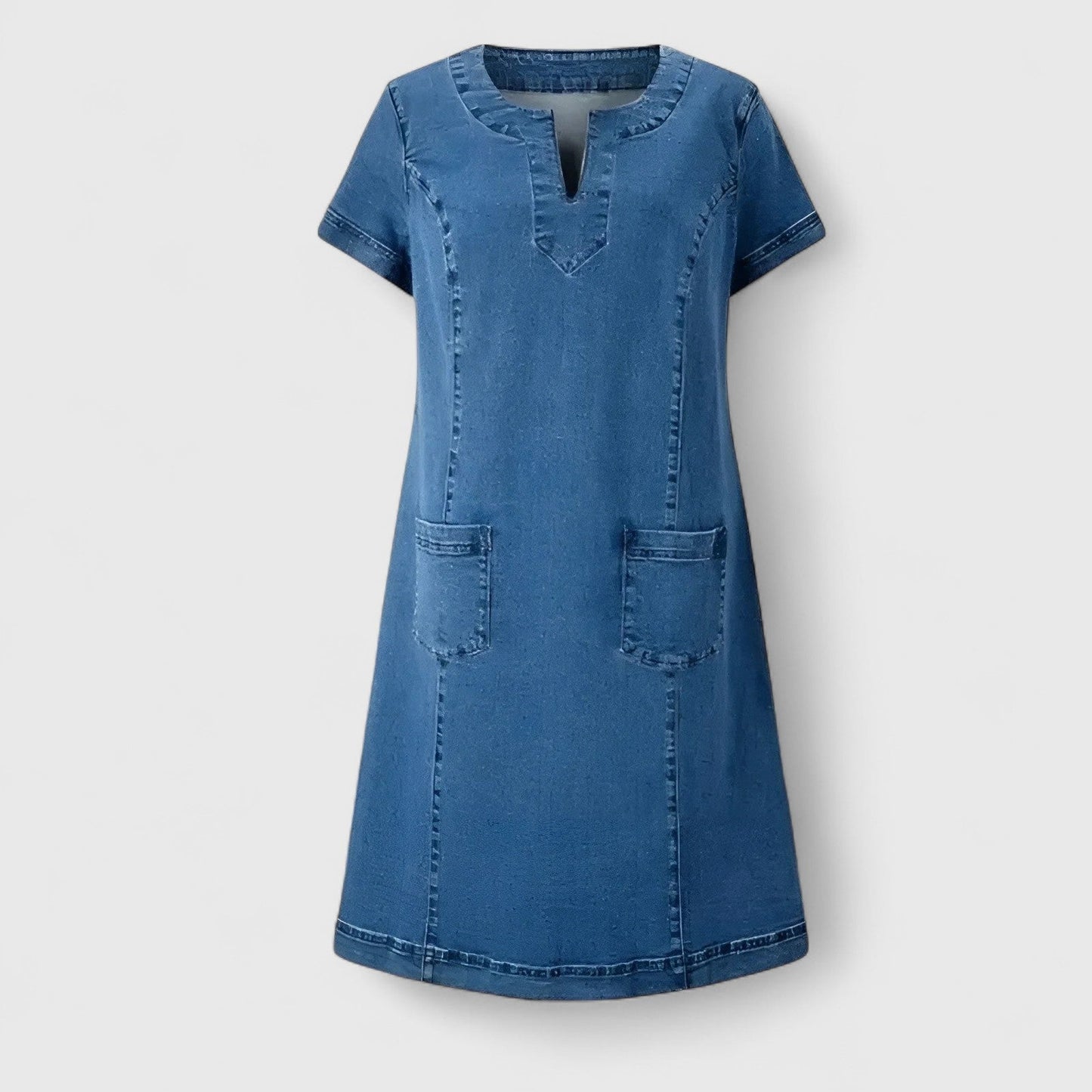 Effortless Denim Mini Dress for Women with Split Neck Short Sleeve Patch Pocket A Line Casual Style