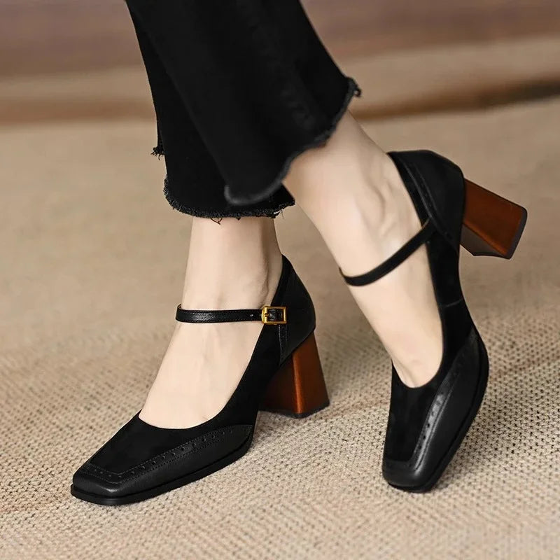 Elegant Suede Leather Mary Jane Pumps for Women with Square Toe Block Heel Ankle Strap Vintage Style