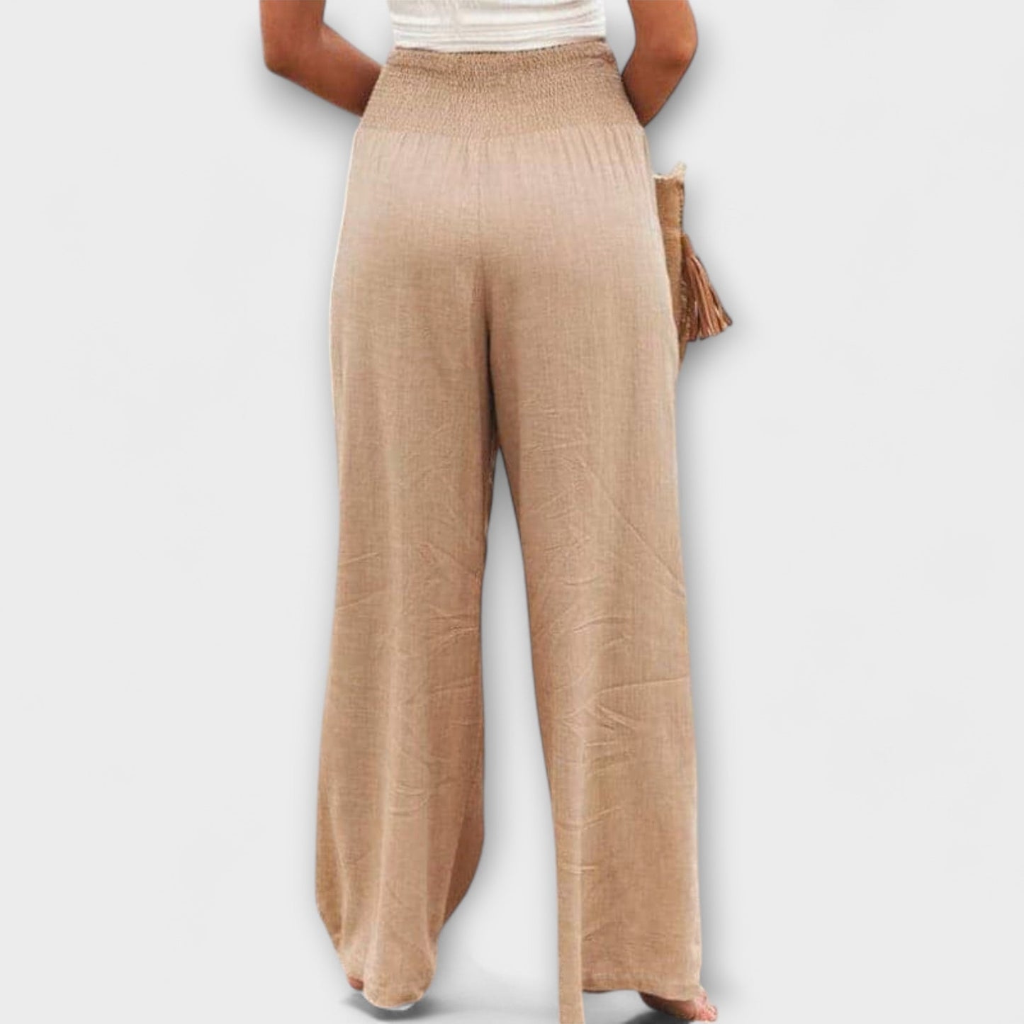 Effortless Khaki Linen Wide Leg Pants for Women with Smocked High Waist Pleated Relaxed Flowing Style