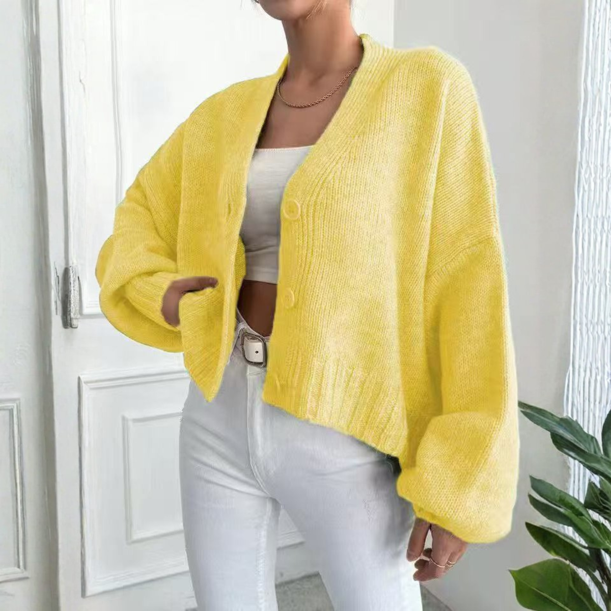 Women's Cropped Balloon Sleeve Cardigan