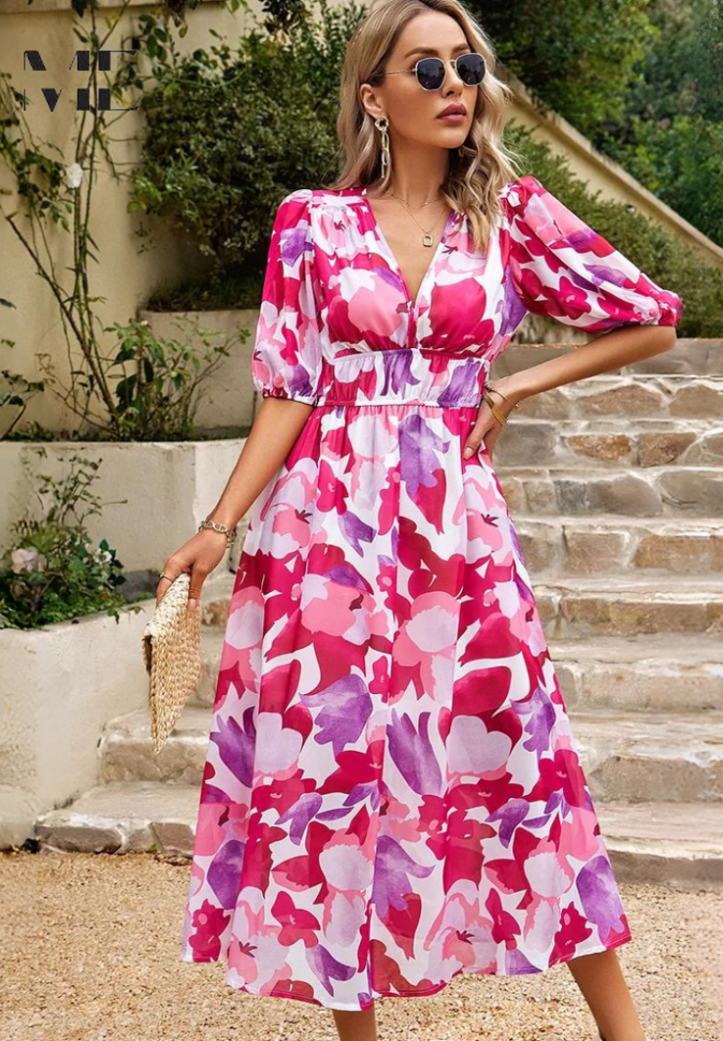 Effortless Floral Midi Dress for Women with V Neck Puff Sleeve Shirred Waist Flowing Style